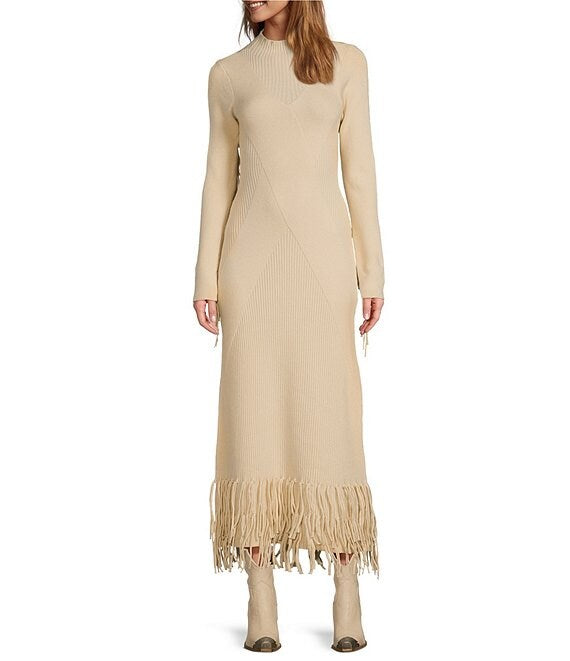 Mock Neck Fringe Maxi Sweater Dress