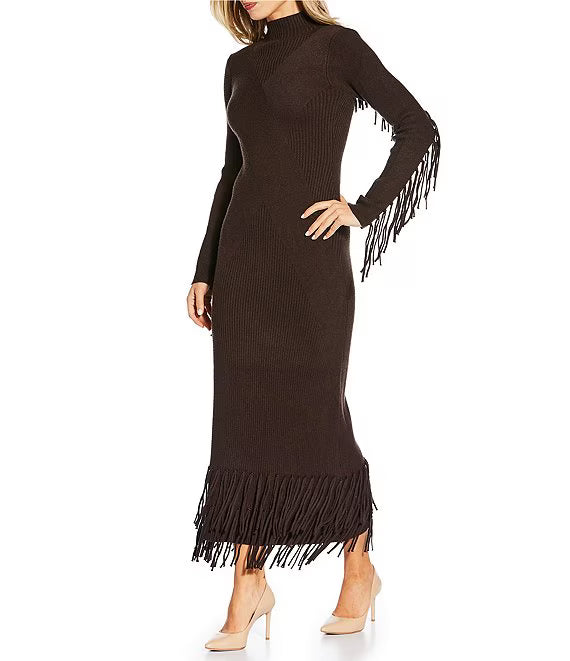 Mock Neck Fringe Maxi Sweater Dress