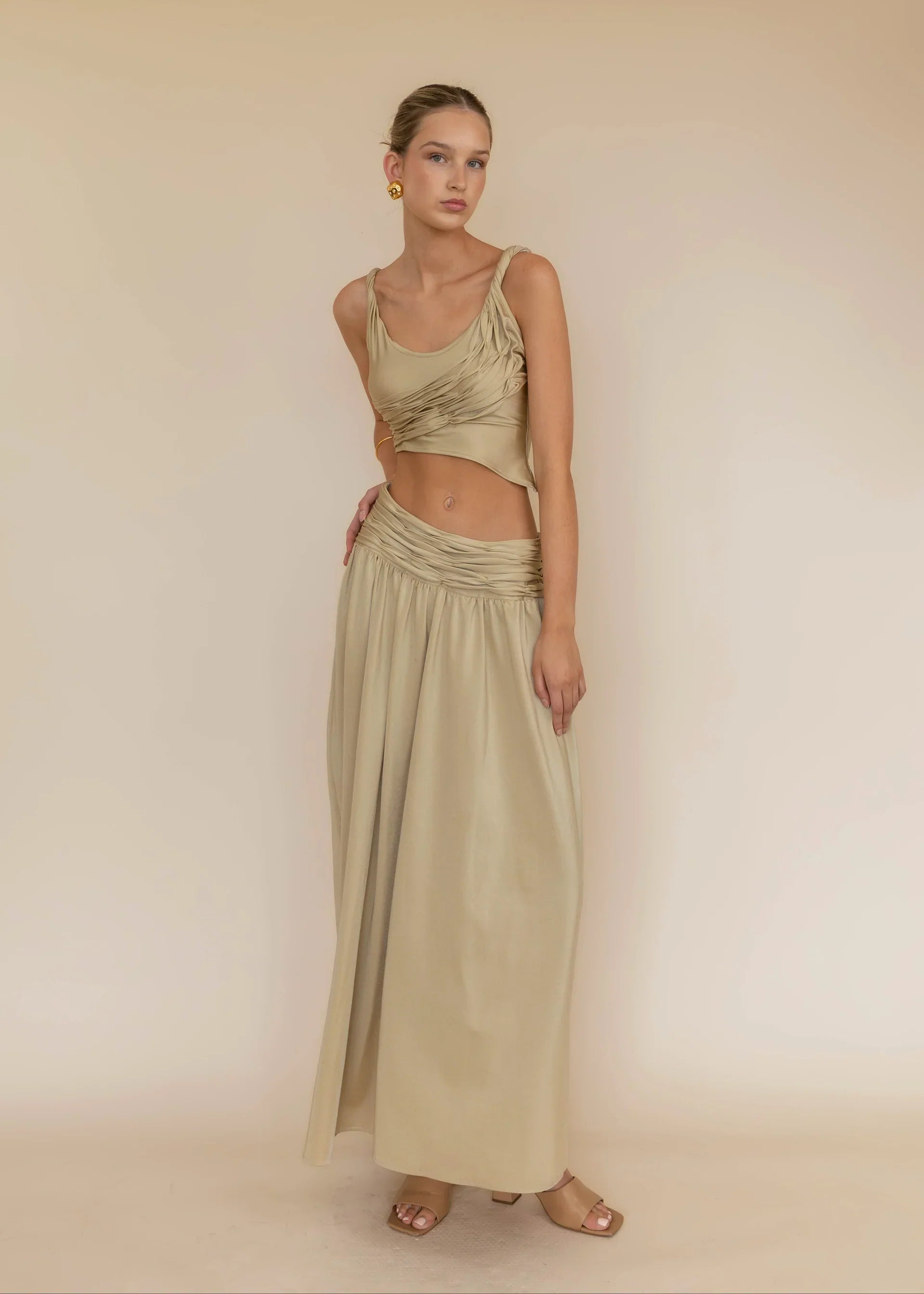 Golden Asymmetry Ruched Crop Top