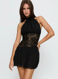 Black Lace Waist Halter Chiffon Mini Dress