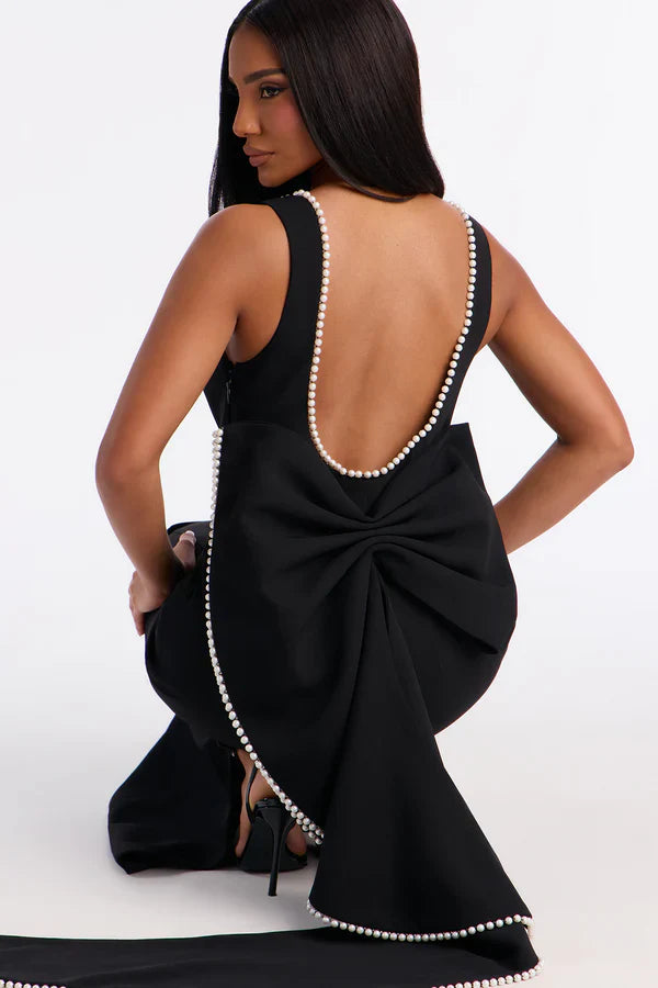 Black Pearl Bow Open-Back Maxi Dress