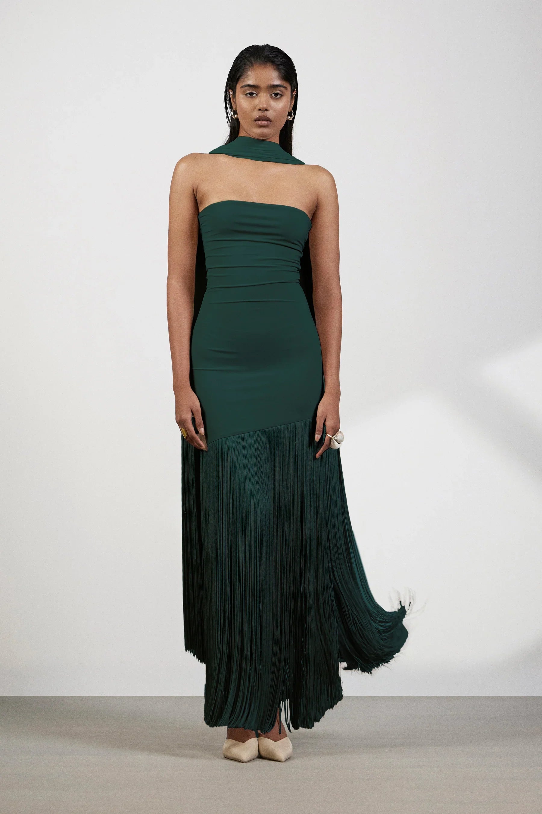 Green Fringe Muse Strapless Gown