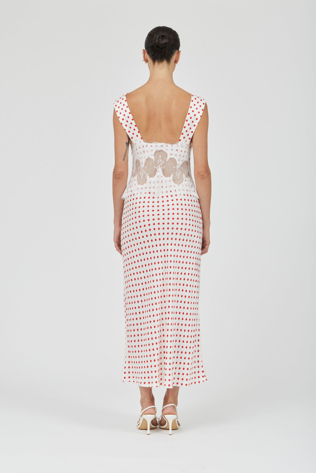 Visions Lace Deep V Maxi Dress - Red Polka Dot