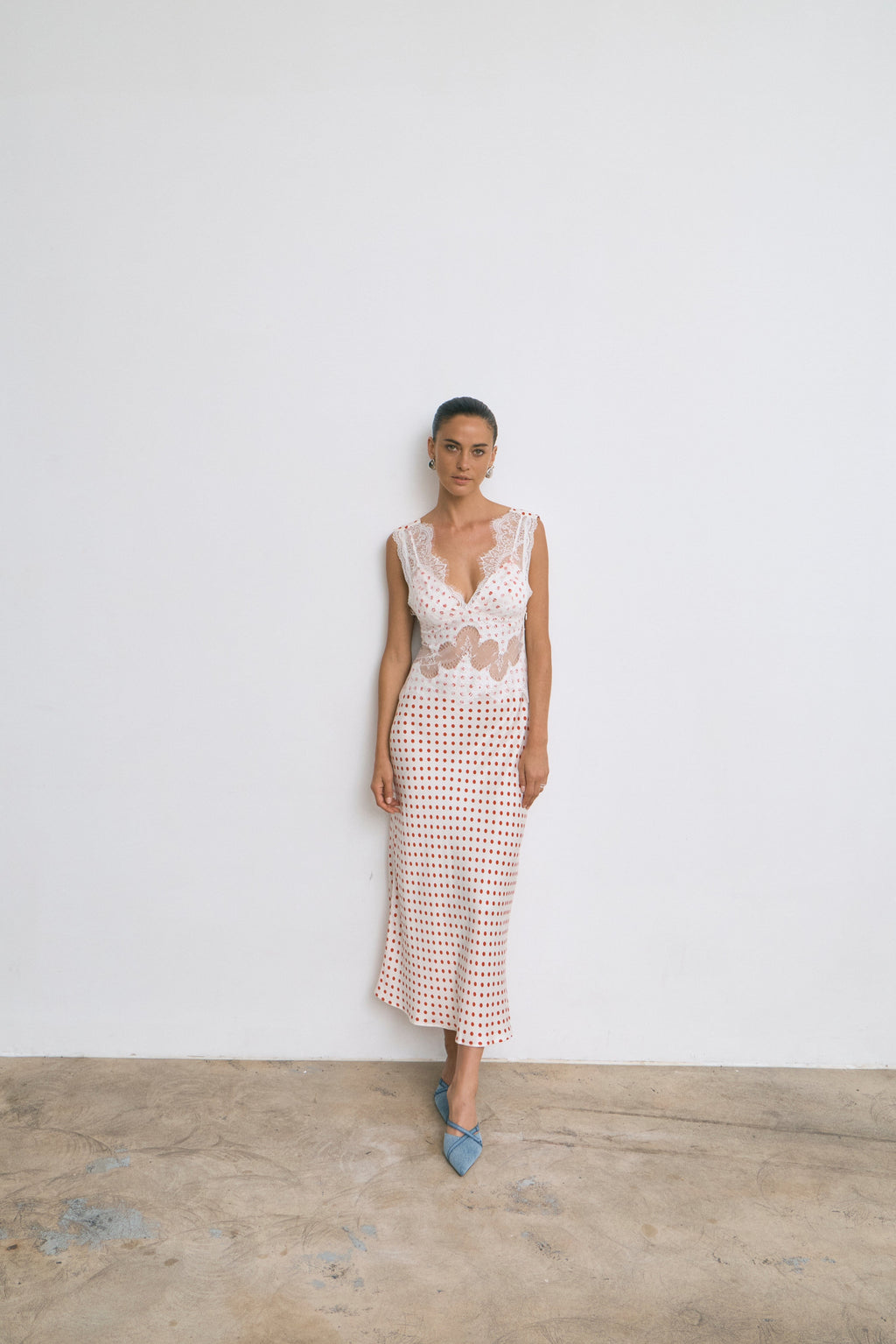 Visions Lace Deep V Maxi Dress - Red Polka Dot