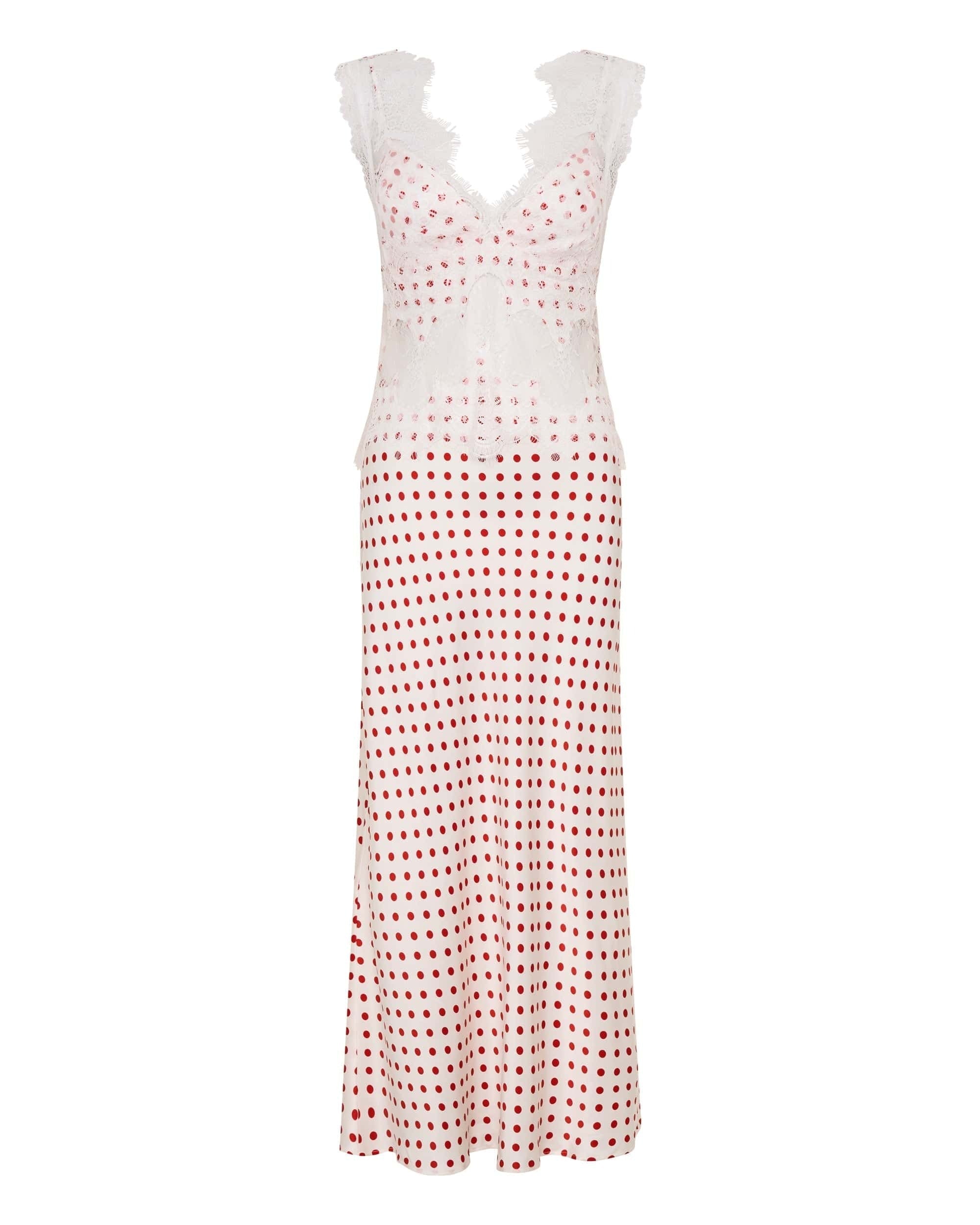 Visions Lace Deep V Maxi Dress - Red Polka Dot