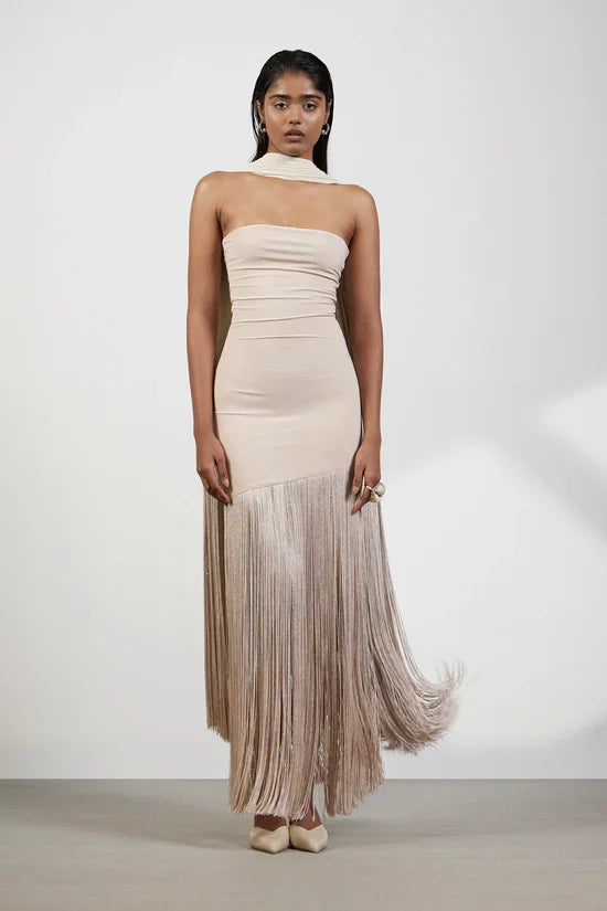 Sand Fringe Muse Strapless Gown