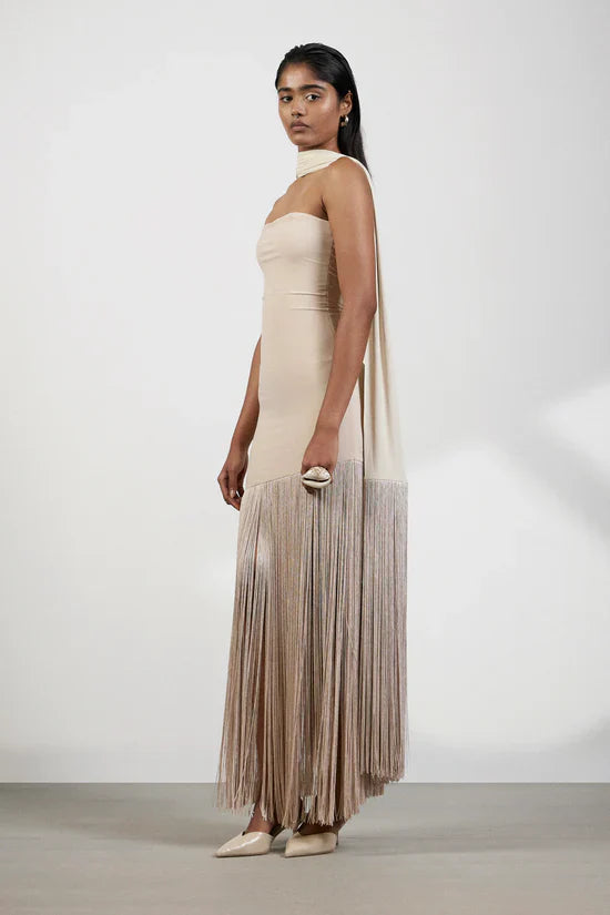 Sand Fringe Muse Strapless Gown