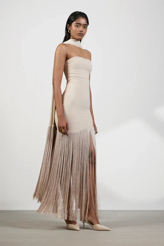 Sand Fringe Muse Strapless Gown