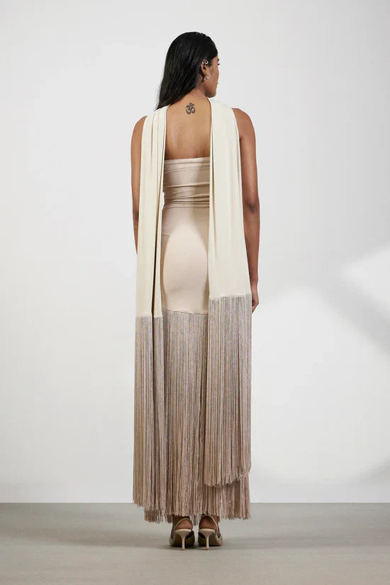 Sand Fringe Muse Strapless Gown