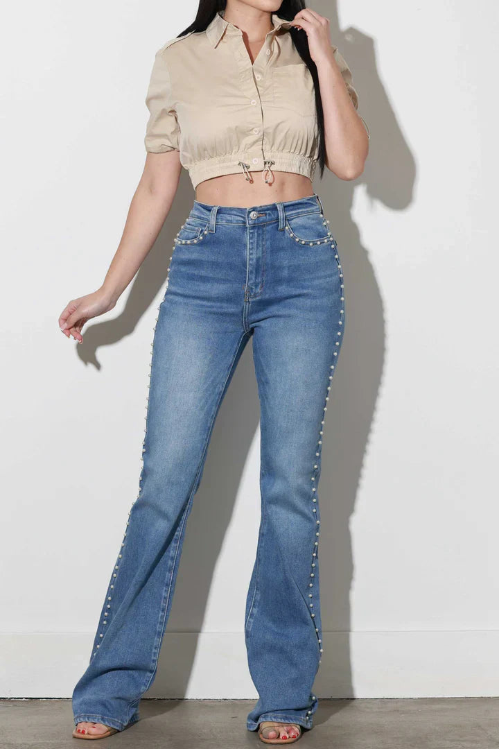 Pearl Trim Flared Denim Jeans