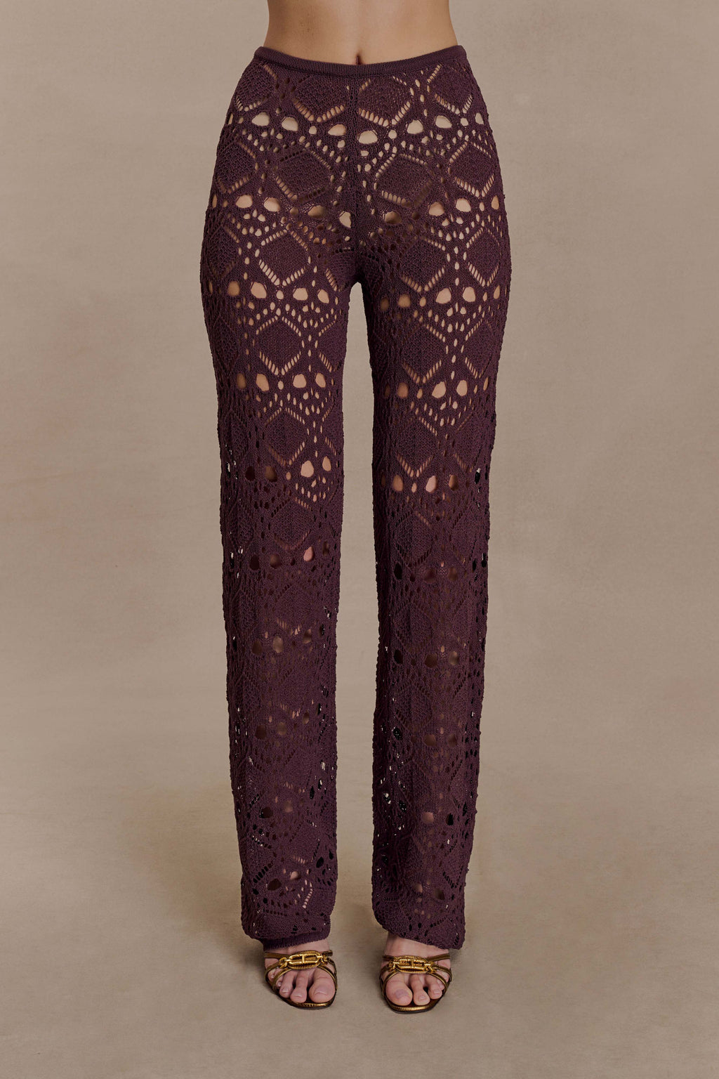 Burgundy Knit Cutout Wide-Leg Pants