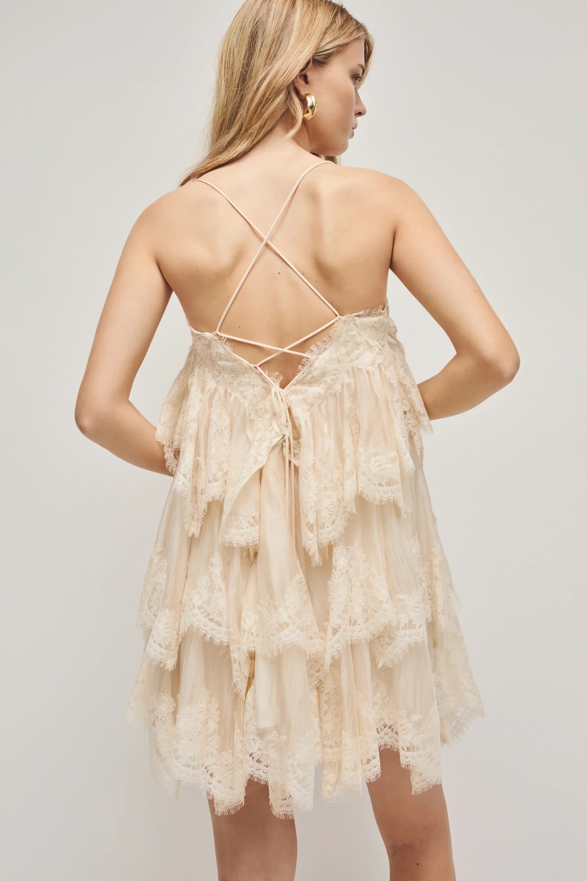 Champagne Lace Tiered Mini Dress