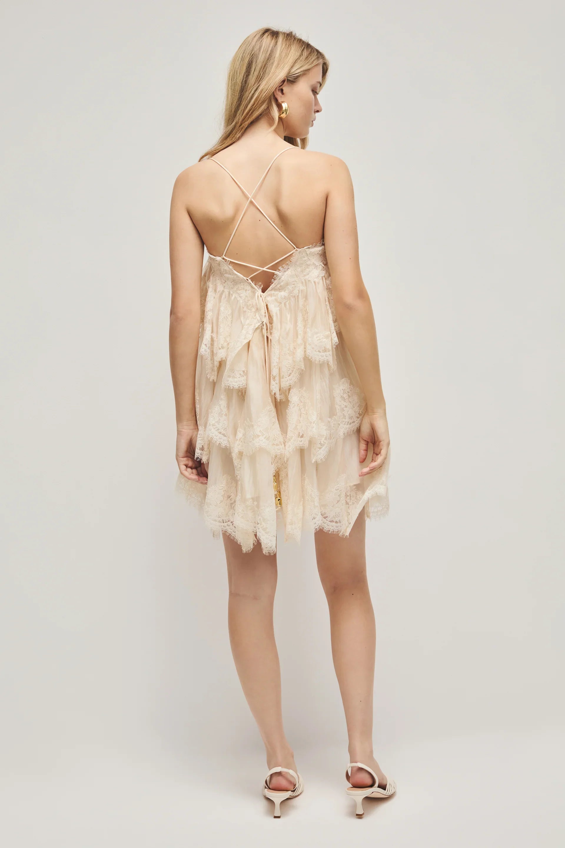 Champagne Lace Tiered Mini Dress