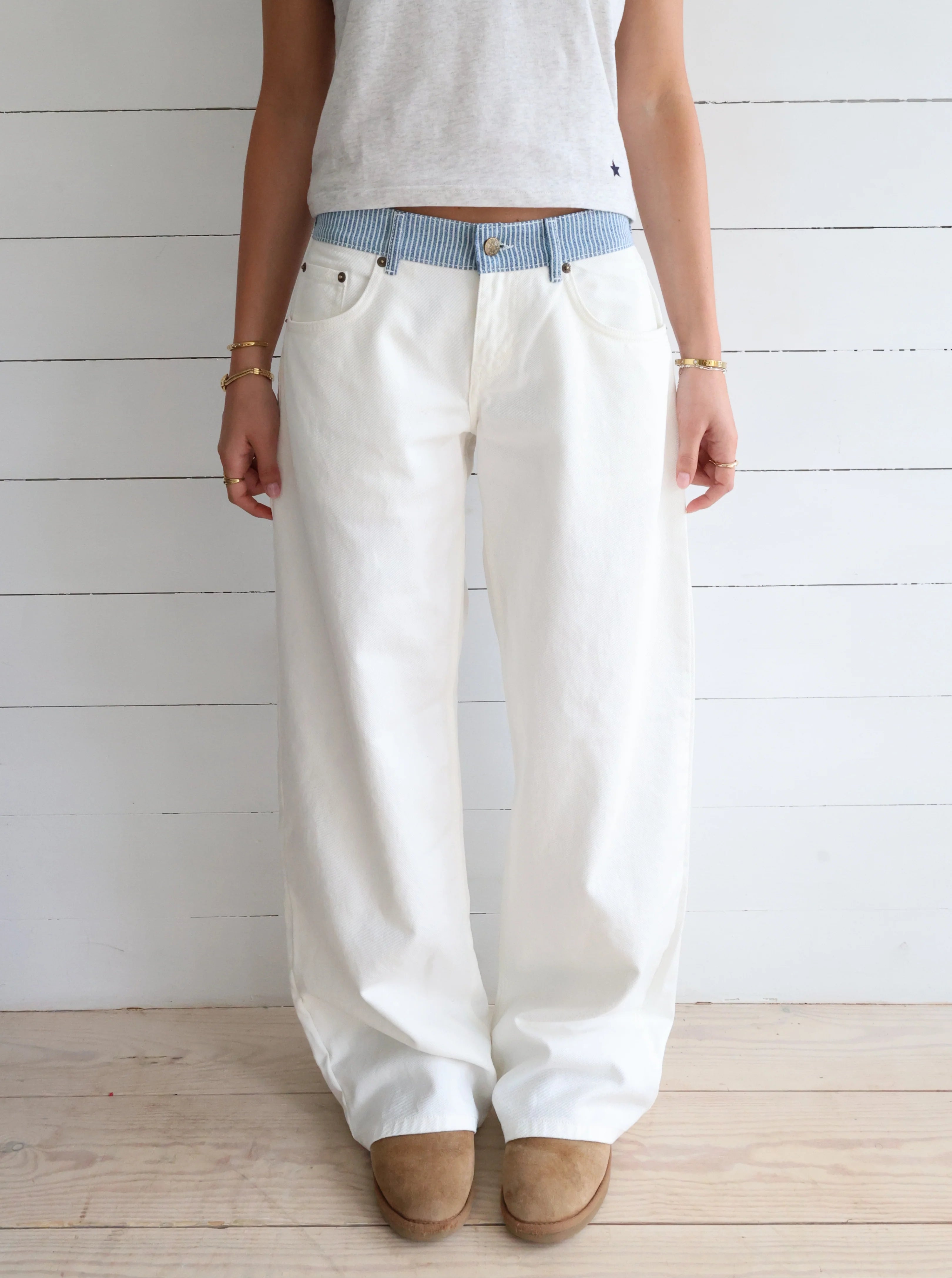 Creamy Stripe-Waist Wide-Leg Jeans