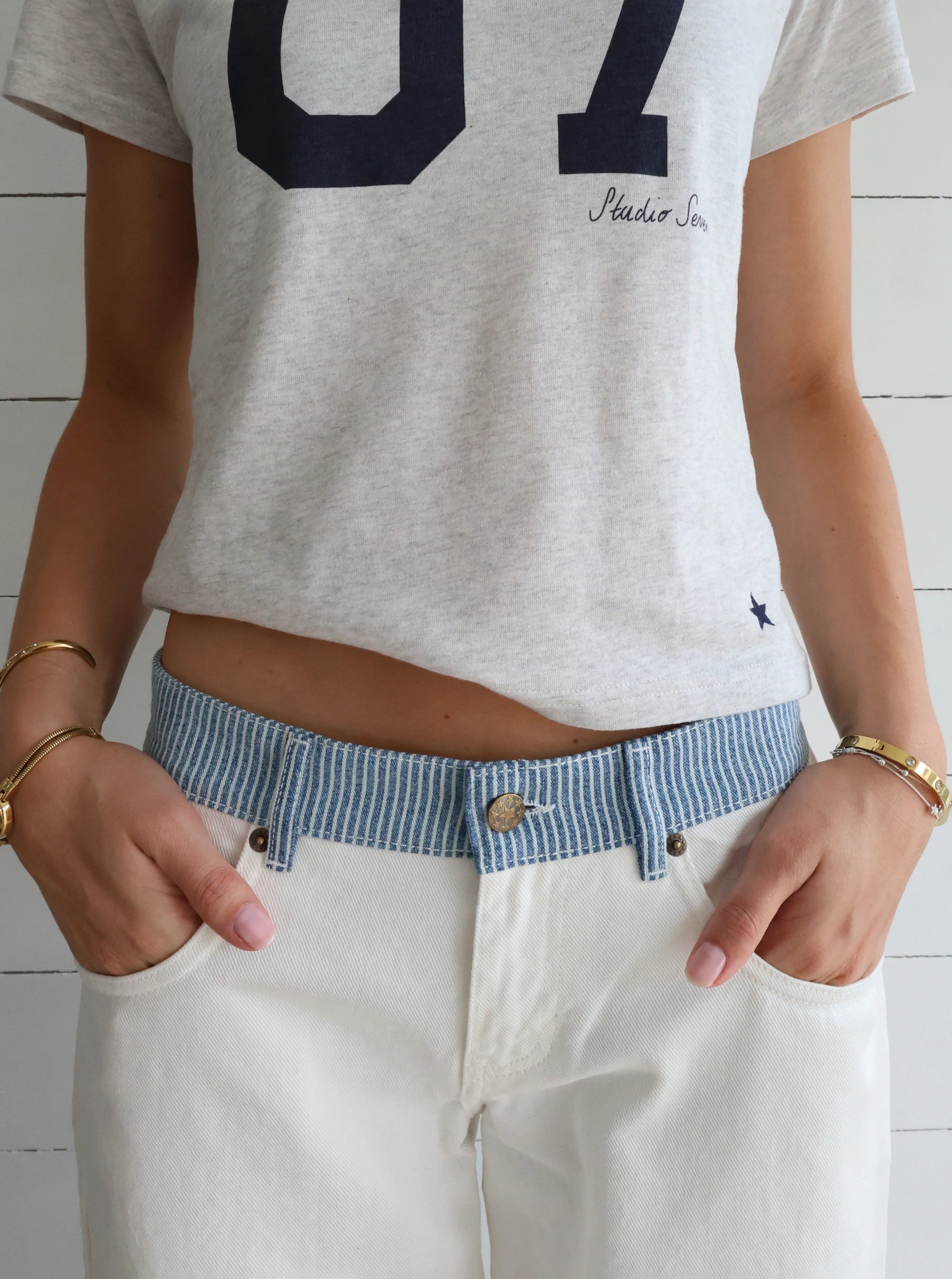 Creamy Stripe-Waist Wide-Leg Jeans