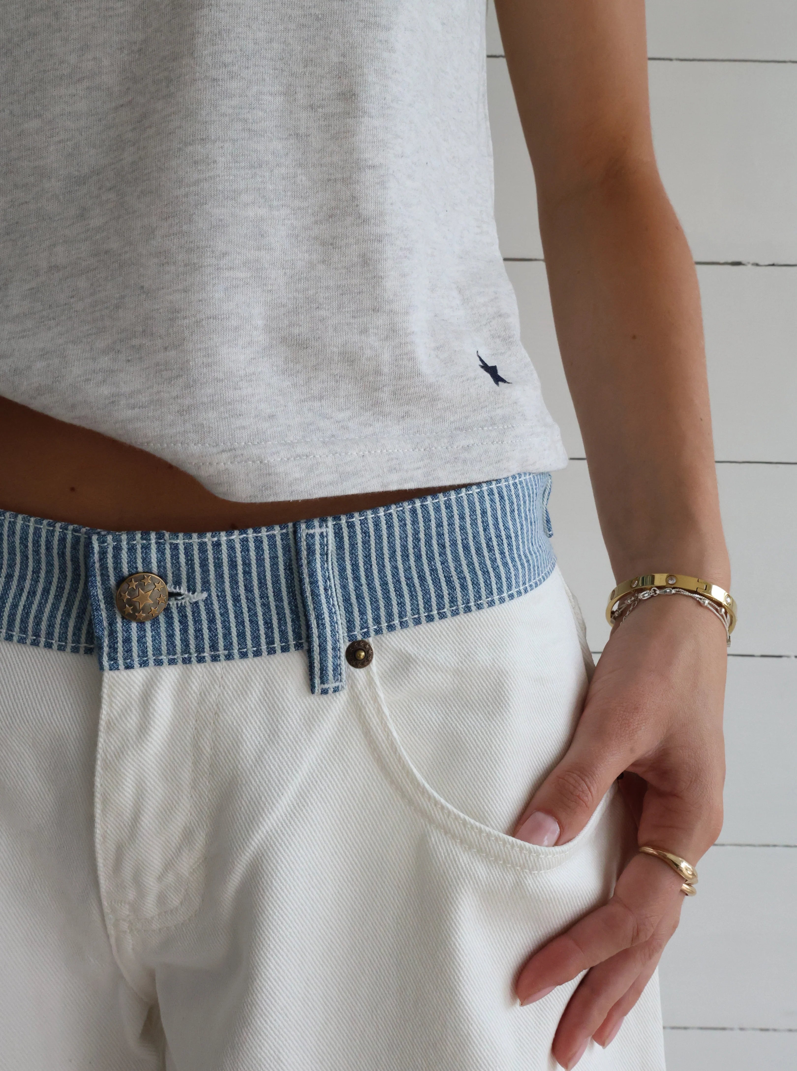 Creamy Stripe-Waist Wide-Leg Jeans