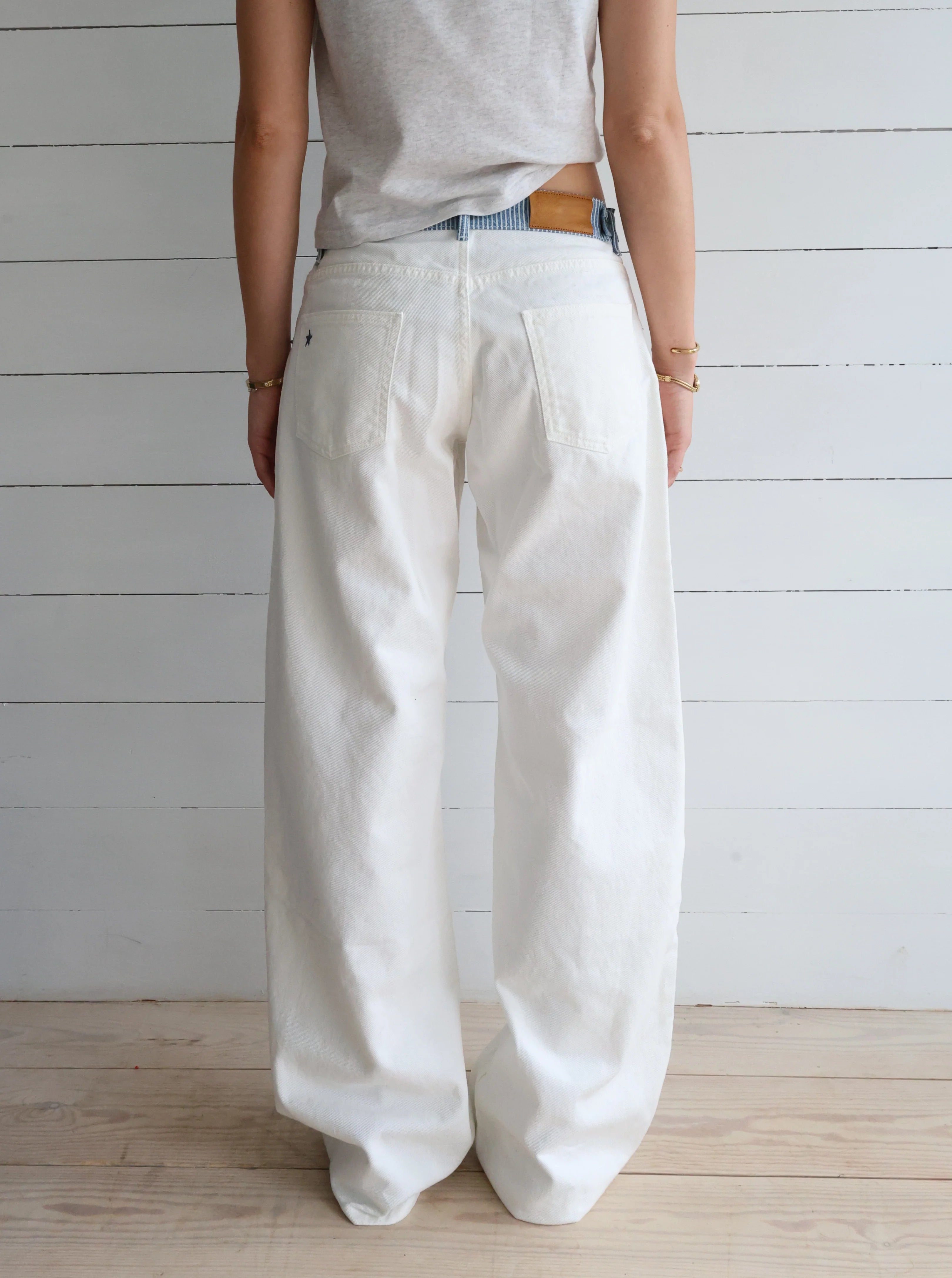 Creamy Stripe-Waist Wide-Leg Jeans