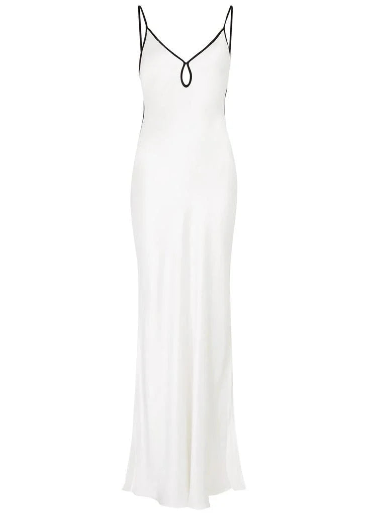 Ivory Noir Trim Satin Maxi Dress