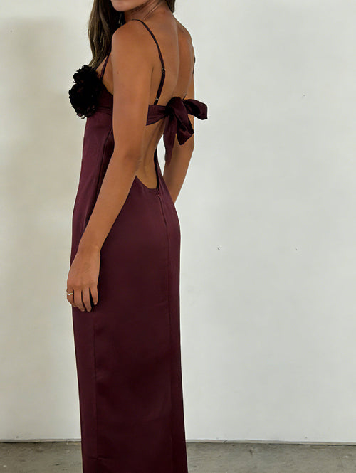 Burgundy Bloom Satin Gown