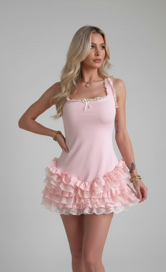DH Early Spring Collection: "Blair" Petal Pink Ruffled Lace Mini Dress