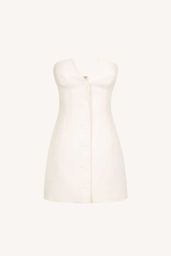 White Button-Front Strapless Mini Dress