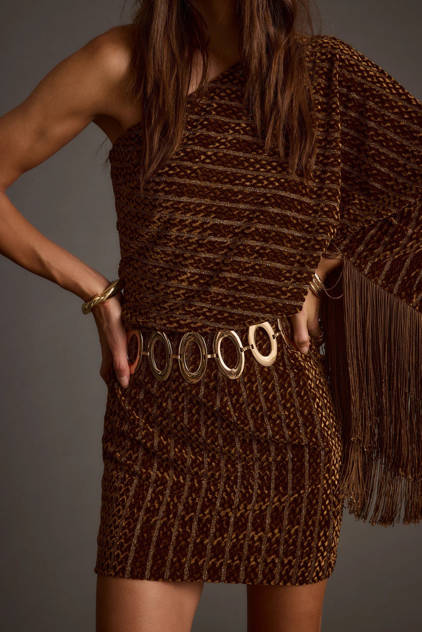 Amber One-Shoulder Velvet Tassel Mini Dress