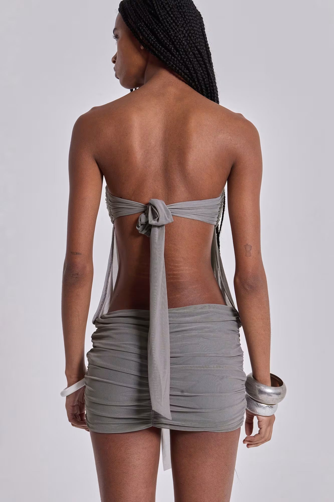 Grey Feather Mesh Mini Dress