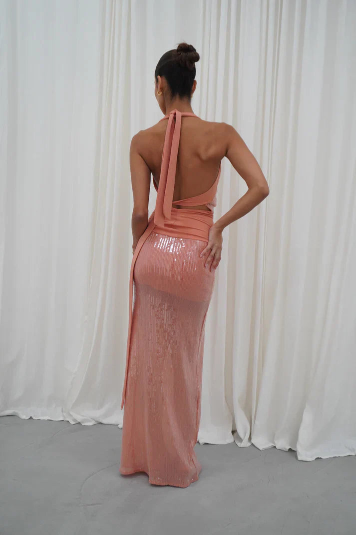 Amber Glow Halter Gown