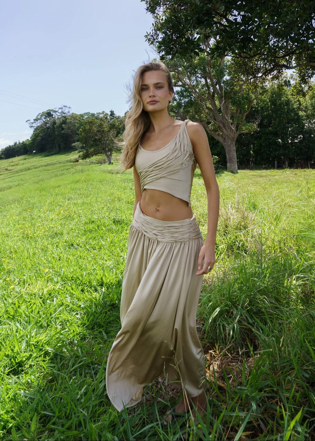 Golden Asymmetry Ruched Crop Top