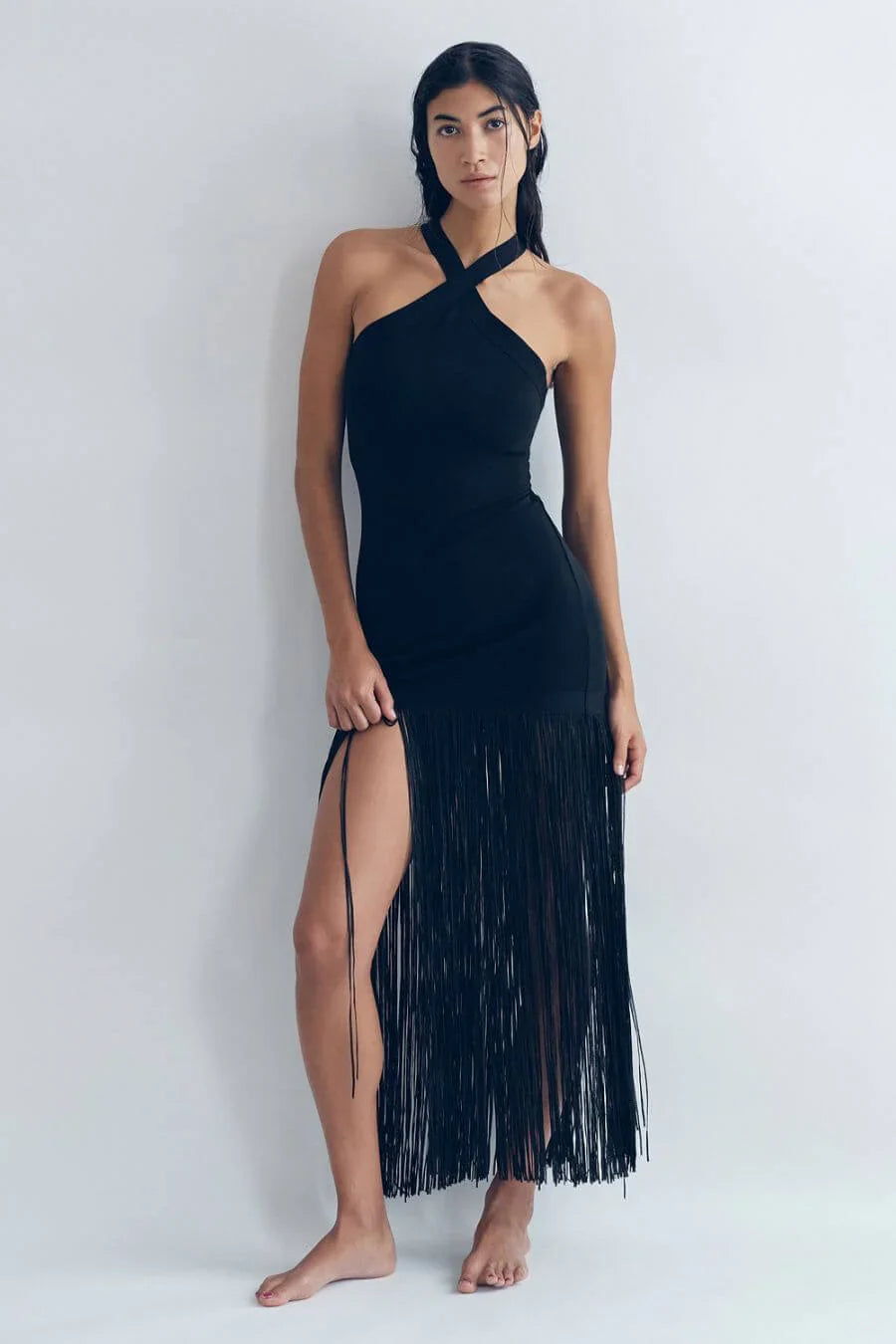 Black Fringe Halter Maxi Dress