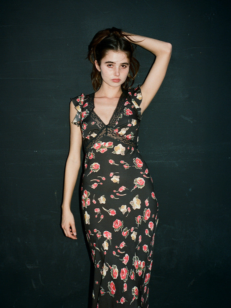 Midnight Bloom Satin Midi Dress