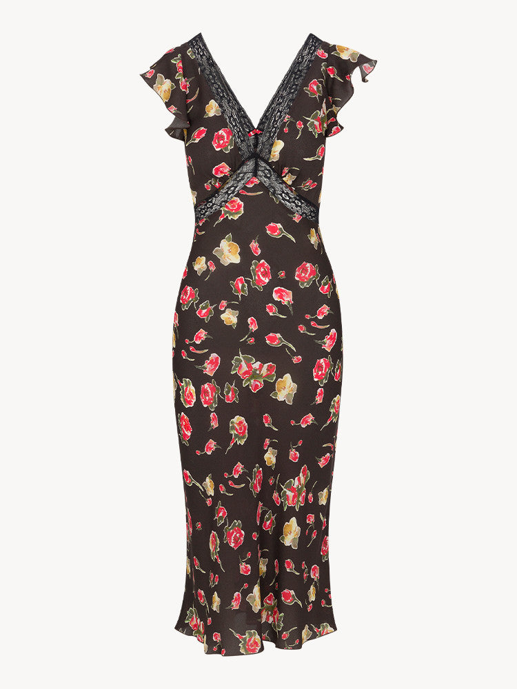 Midnight Bloom Satin Midi Dress