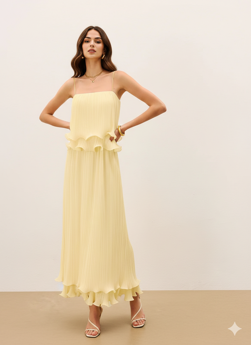 DH PRE-SPRING: REVEALED | "Gilded Morning" Fine Pleated Camisole Maxi Dress