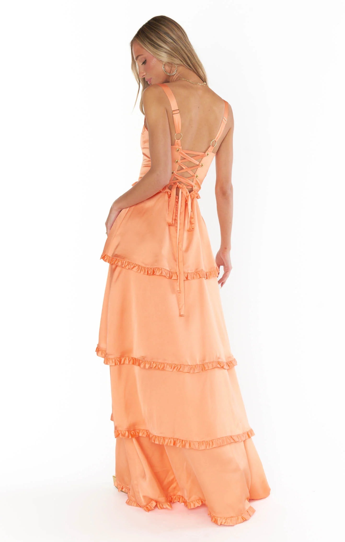 Amber Glow Cascade Maxi Dress