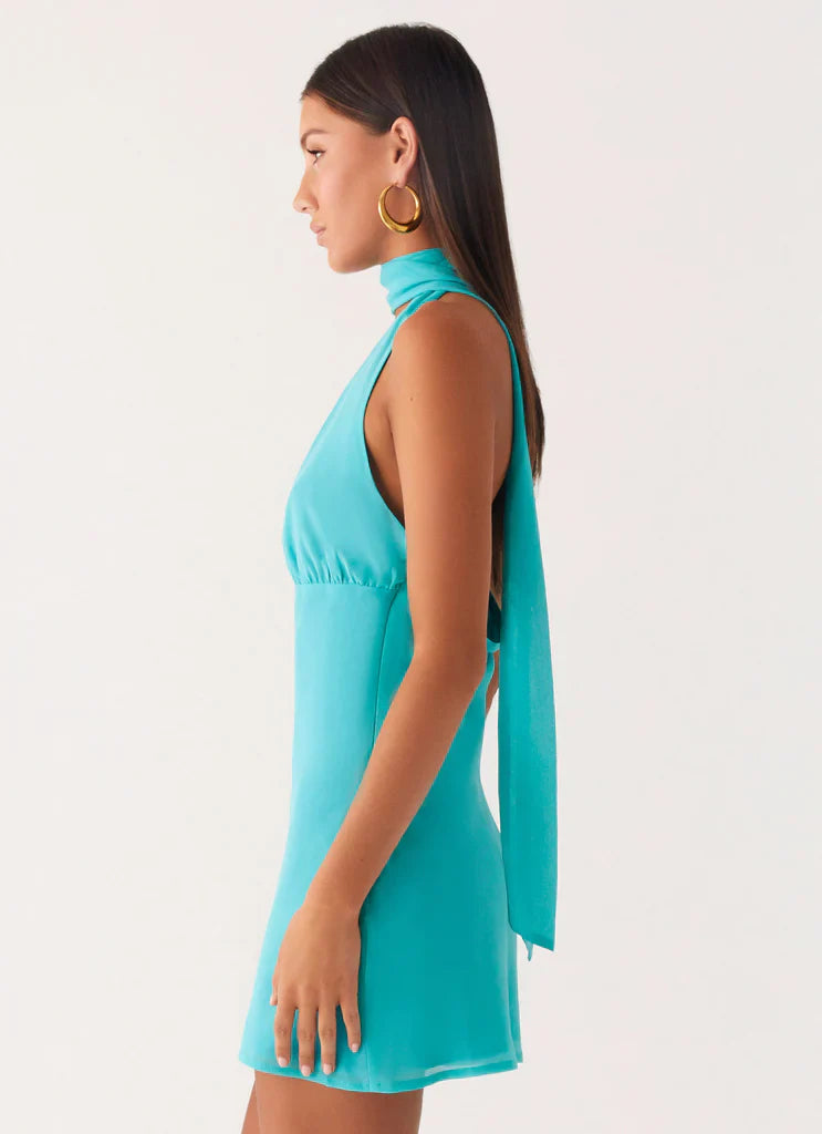 Sienna Deep V Halter Mini Dress - Teal Blue