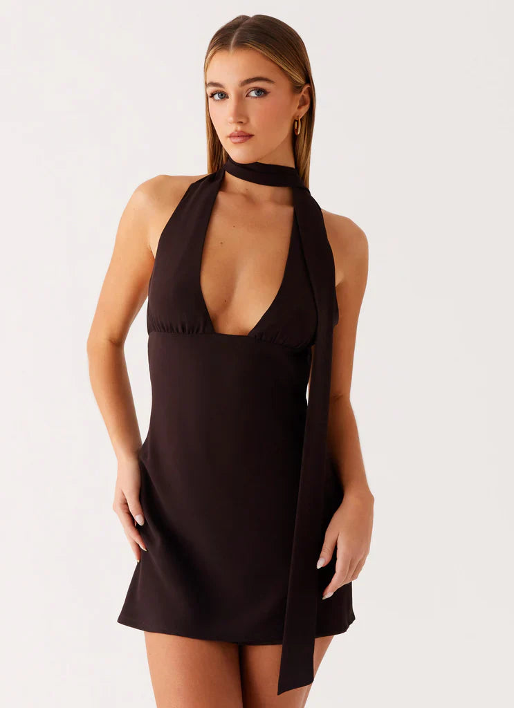 Sienna Deep V Halter Mini Dress - Brown
