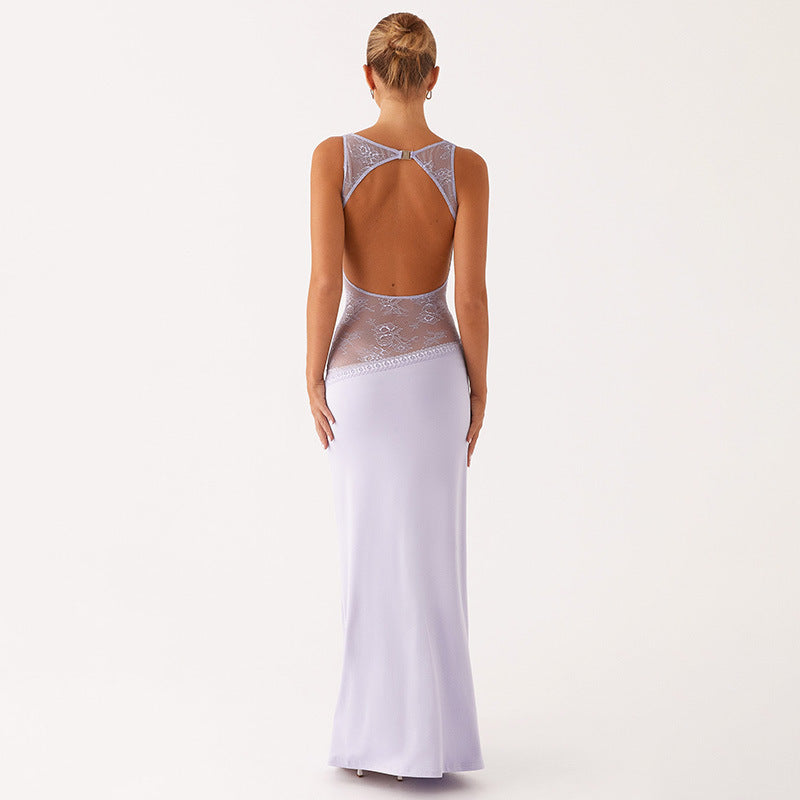 Lilac Blush Lace Halo Open-Back Maxi Dress