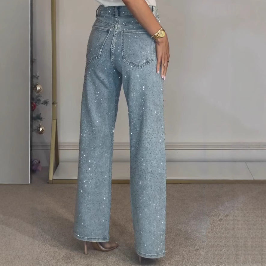 Rhinestone Washed Stretch Straight Jeans