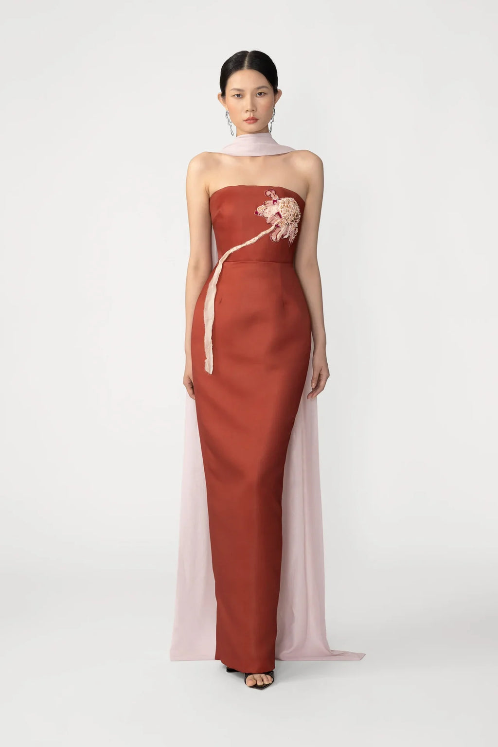 Scarlet Bloom Satin Gown with Scarf