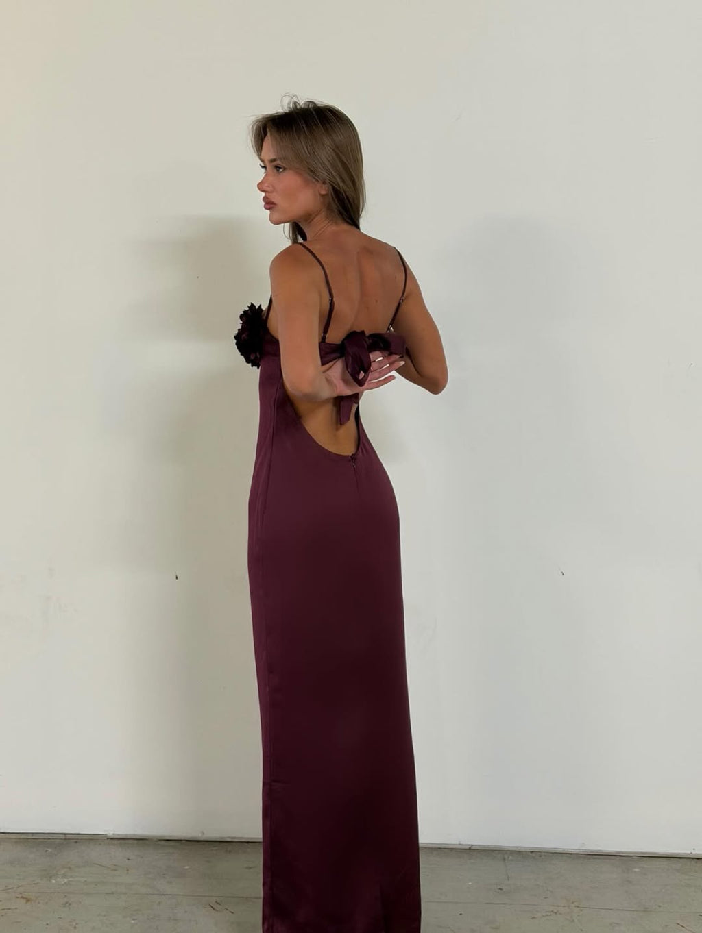Burgundy Bloom Satin Gown