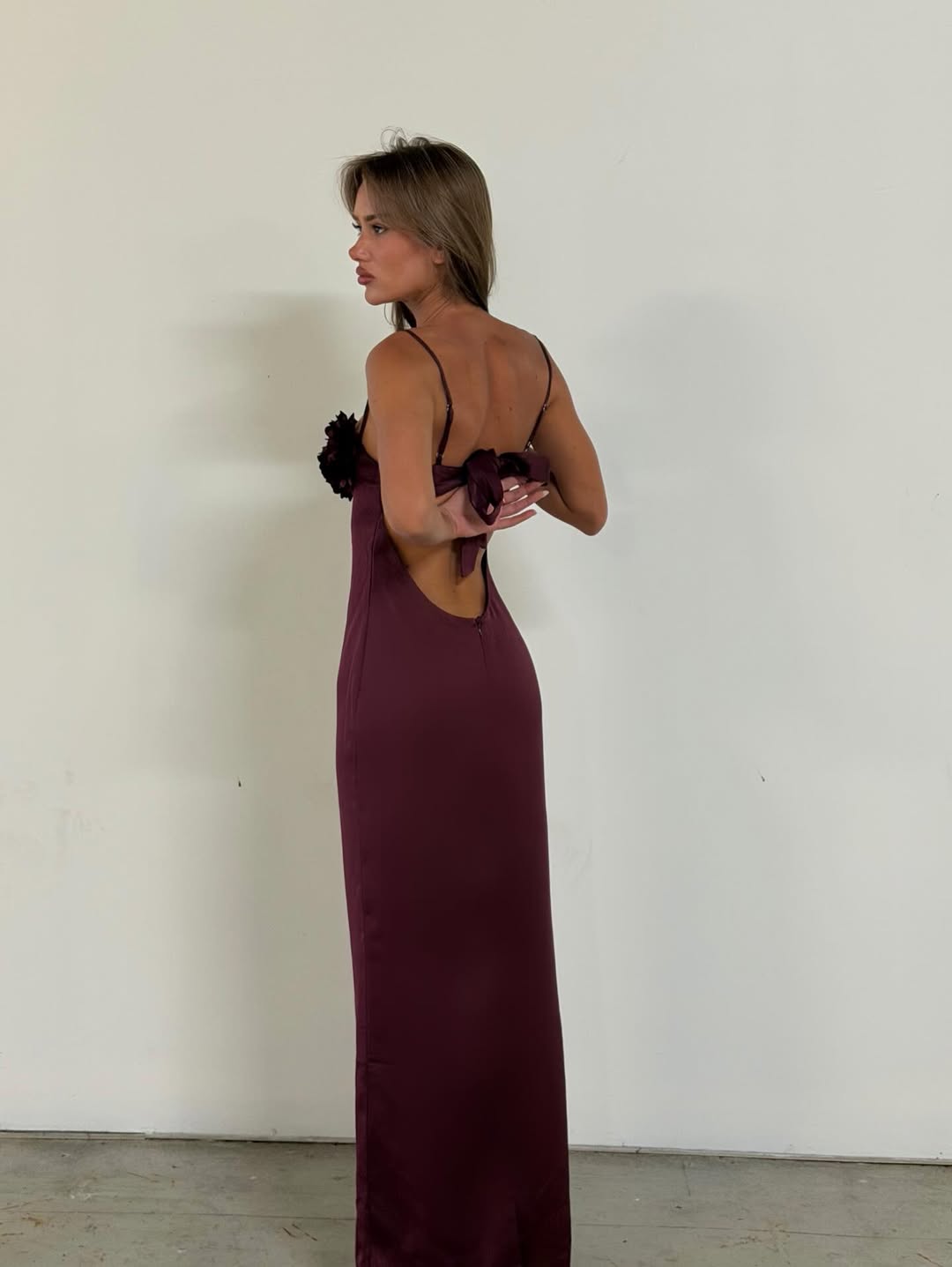 Burgundy Bloom Satin Gown