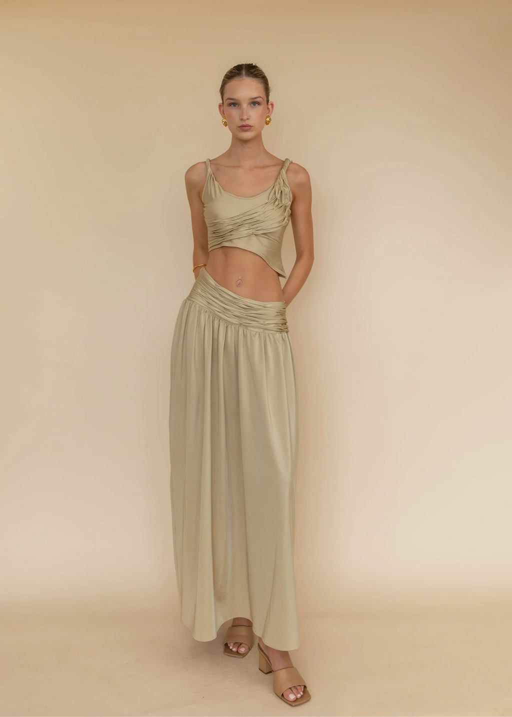 Golden Asymmetry Ruched Crop Top