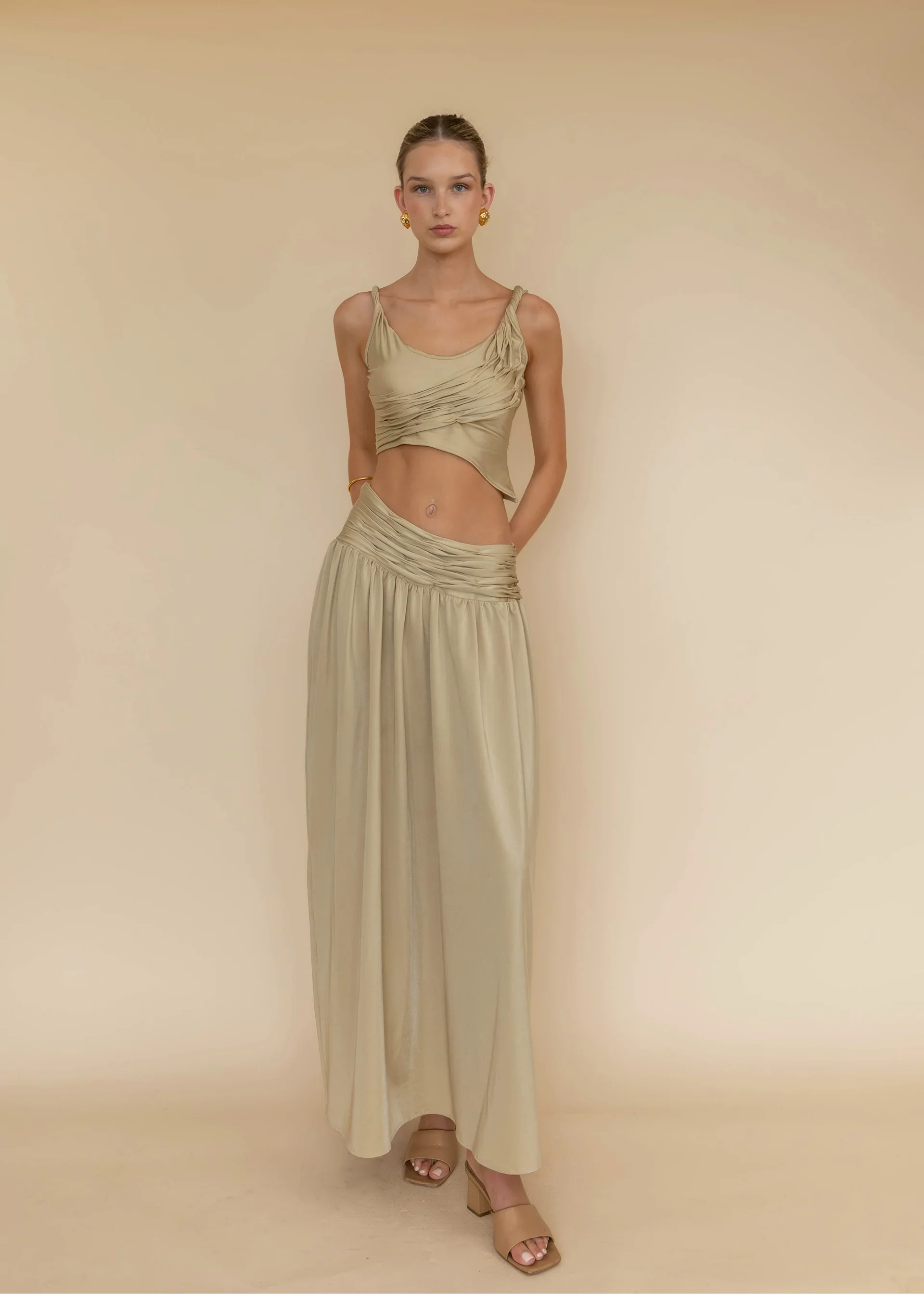 Golden Asymmetry Ruched Crop Top