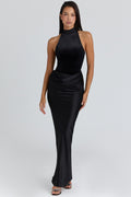 Noir Satin Draped Maxi Skirt