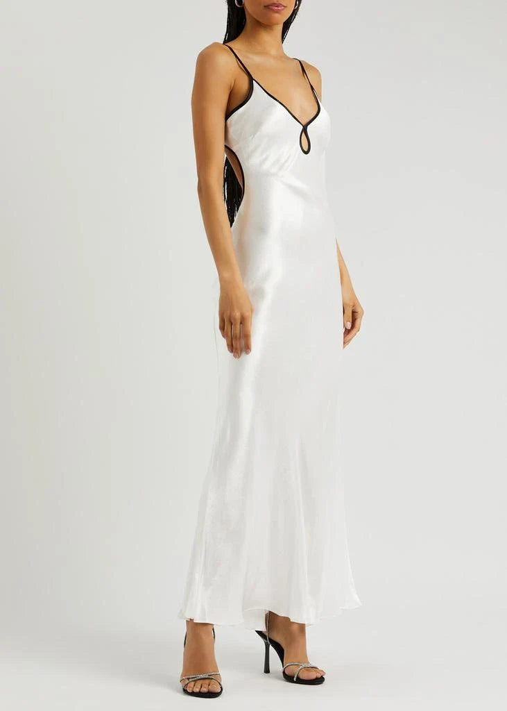 Ivory Noir Trim Satin Maxi Dress