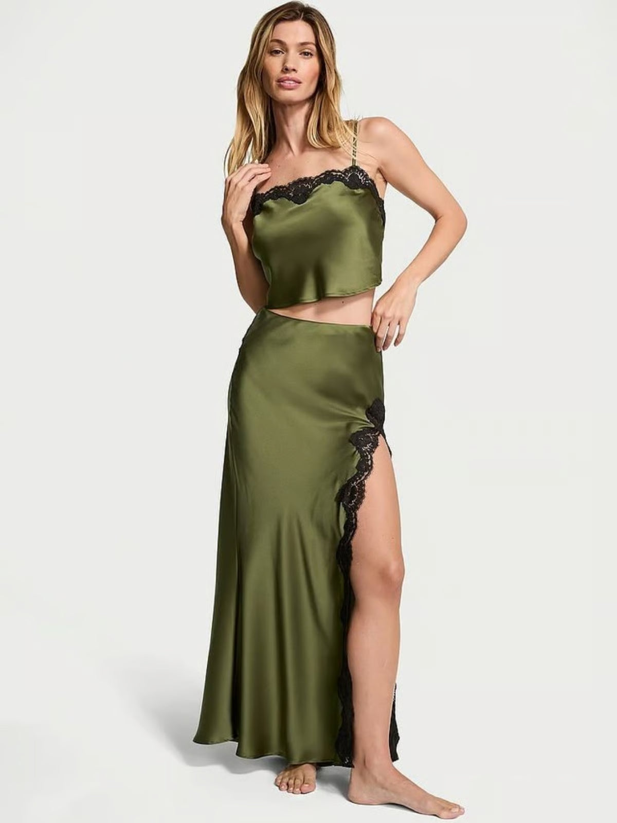 Olive Split Lace Midi Skirt