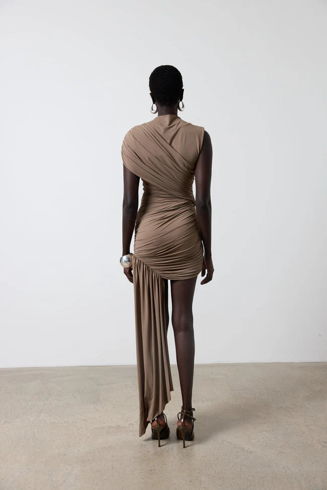 Khaki Whisper Ruched Mini Dress