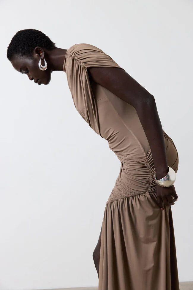 Khaki Whisper Ruched Mini Dress
