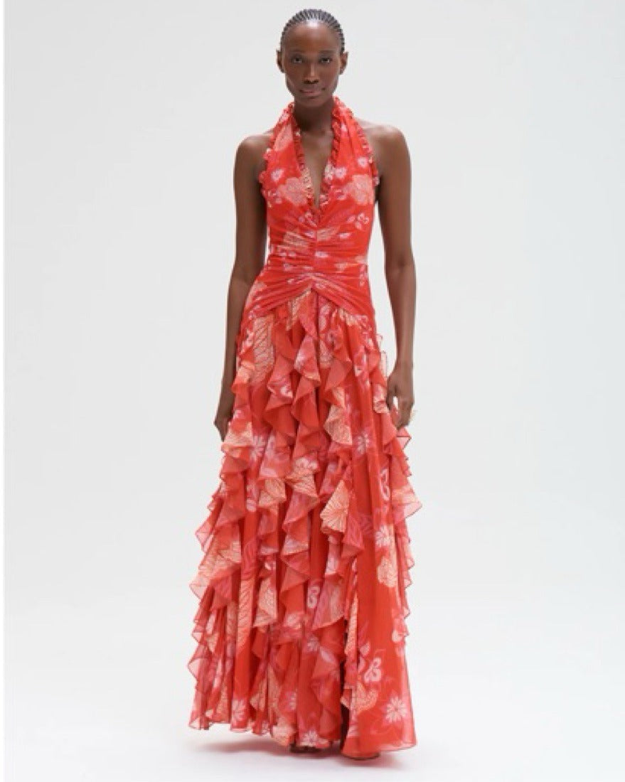 Red Floral Halter Maxi Dress