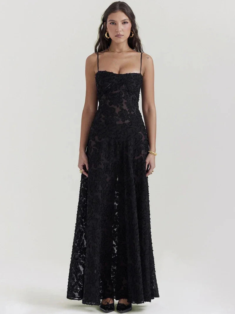 Black Midnight Bloom Lace-Up Maxi Dress